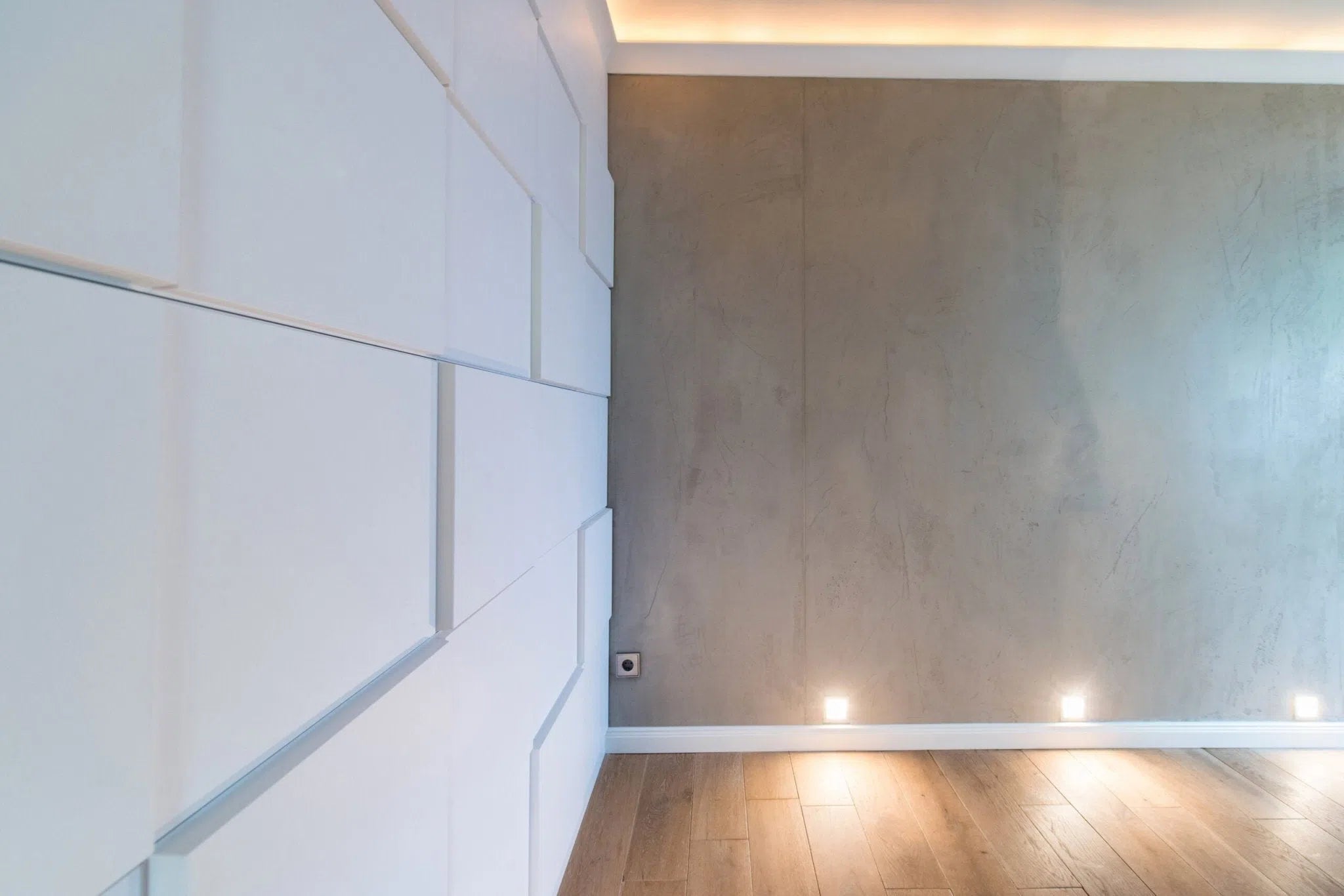 DOMINO 3D WALL panels 1PC - Arstyl panels with subtle lighting and a wooden floor in a minimalist room | DecorMania UK